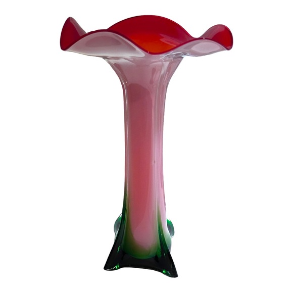 Red Amaryllis 5 Petal Murano Style Glass Cased 14.5” Vase - Picture 6 of 9